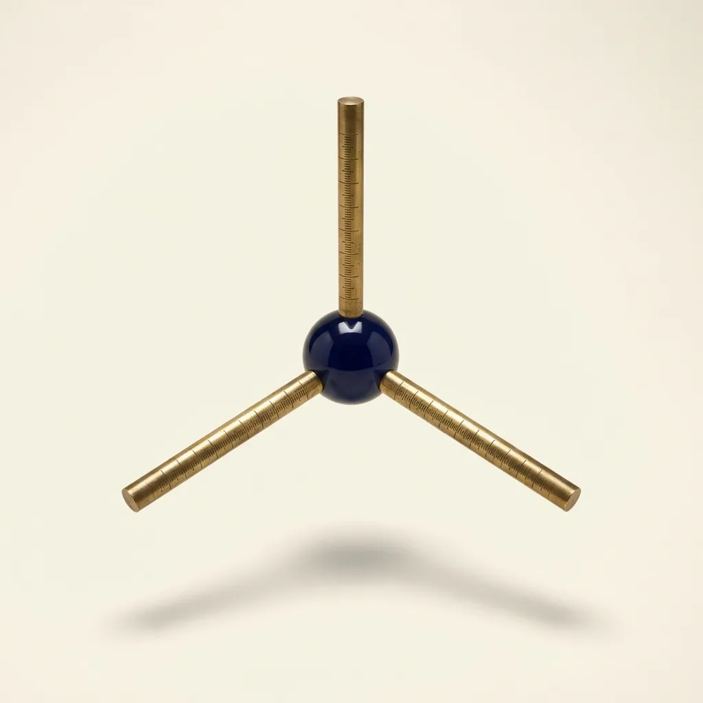 Instrument en laiton à trois axes gradués partant d'une sphère bleu marine, image des trois axes du pouvoir de la technologie du GPS de Négo